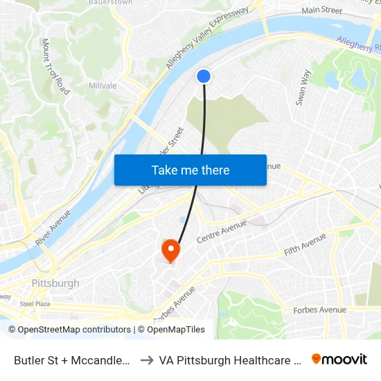 Butler St + Mccandless Ave to VA Pittsburgh Healthcare System map
