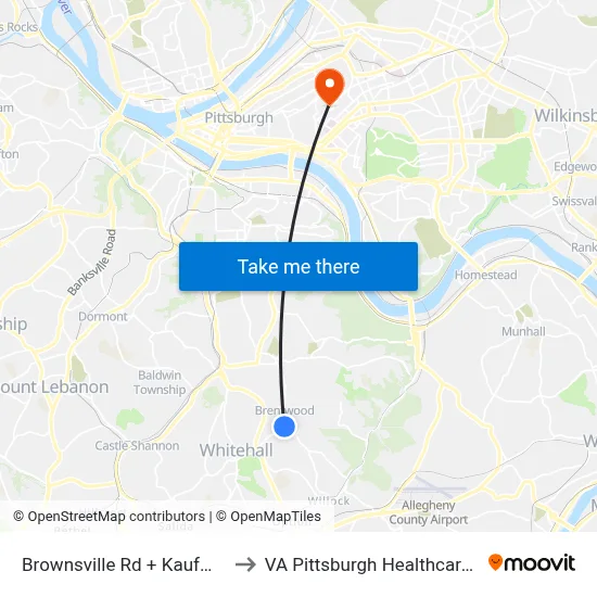 Brownsville Rd + Kaufmann Ave to VA Pittsburgh Healthcare System map