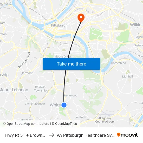 Hwy Rt 51 + Brownsville to VA Pittsburgh Healthcare System map
