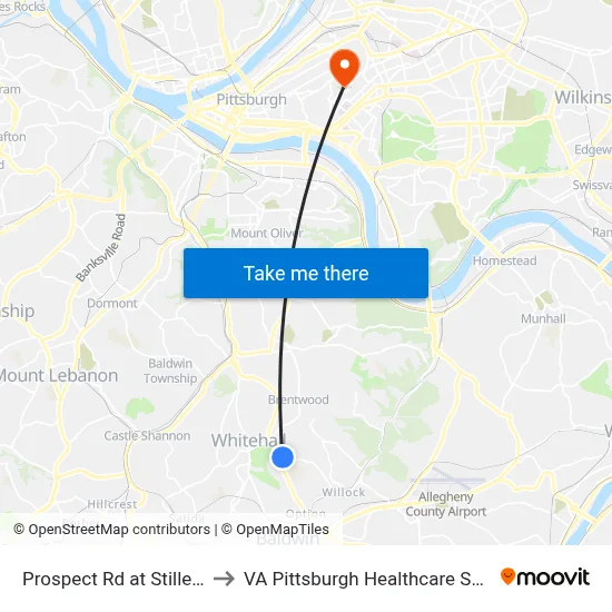Prospect Rd at Stilley Rd to VA Pittsburgh Healthcare System map