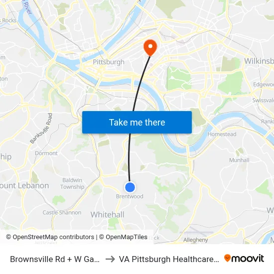 Brownsville Rd + W Garden Rd to VA Pittsburgh Healthcare System map