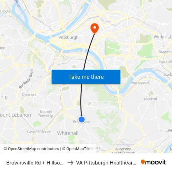 Brownsville Rd + Hillson Ave FS to VA Pittsburgh Healthcare System map
