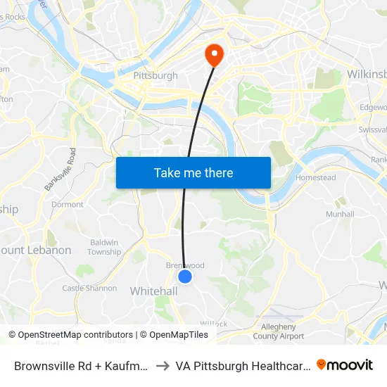 Brownsville Rd + Kaufman Ave FS to VA Pittsburgh Healthcare System map