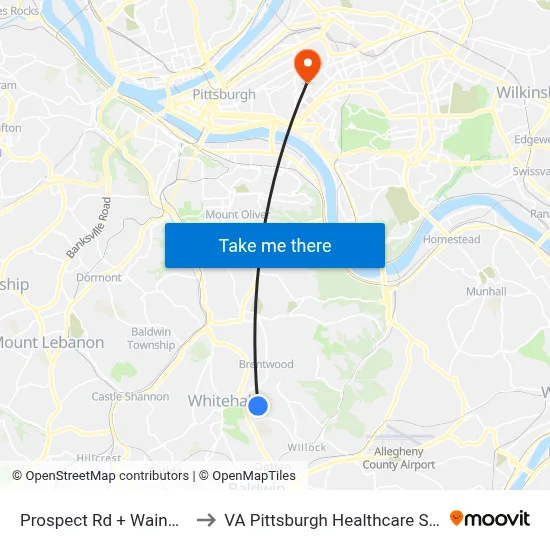 Prospect Rd + Wainwright to VA Pittsburgh Healthcare System map