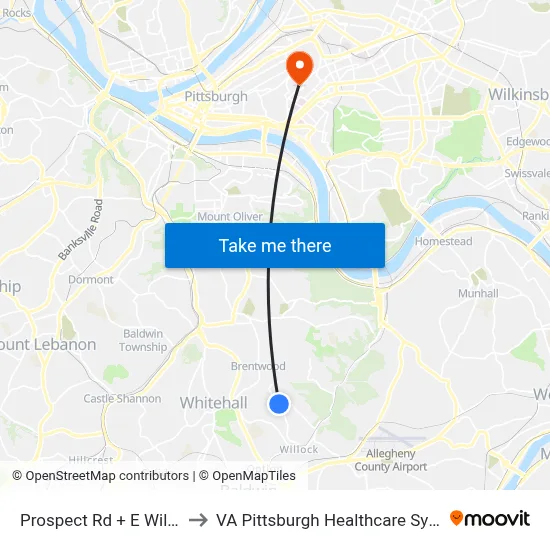 Prospect Rd + E Willock to VA Pittsburgh Healthcare System map