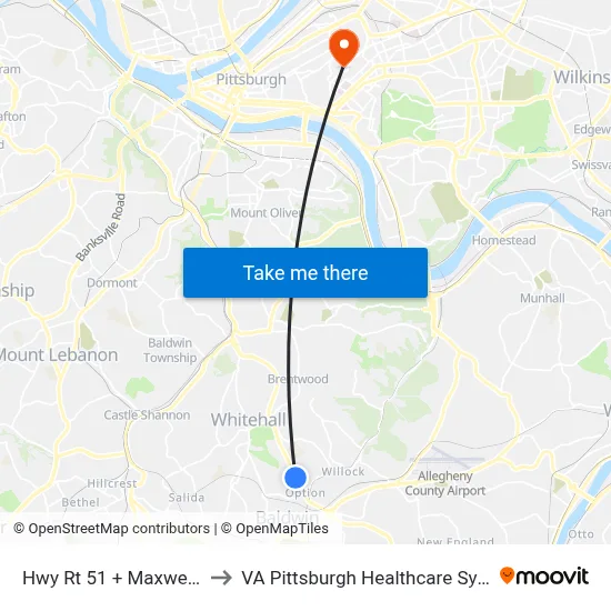 Hwy Rt 51 + Maxwell FS to VA Pittsburgh Healthcare System map