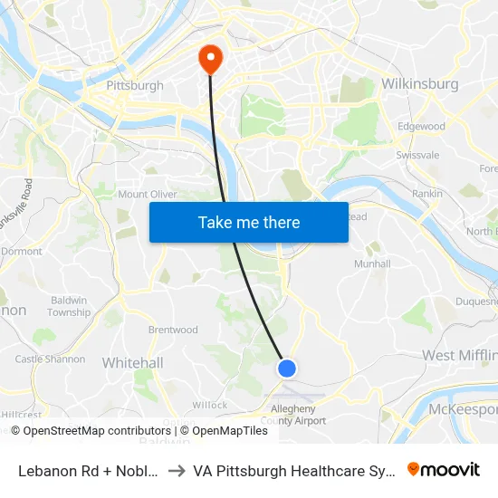Lebanon Rd + Noble Dr to VA Pittsburgh Healthcare System map