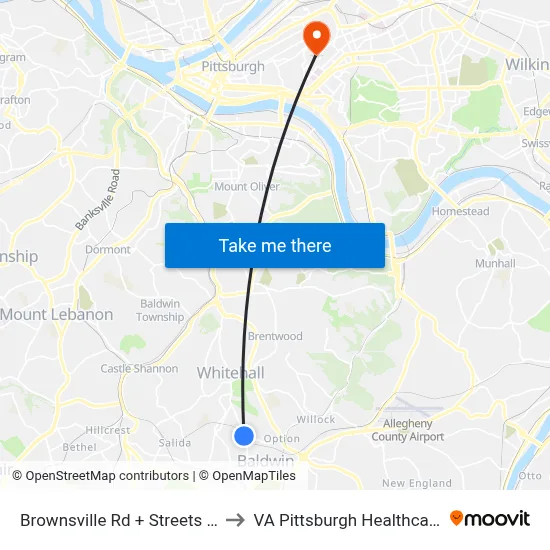 Brownsville Rd + Streets Run Rd FS to VA Pittsburgh Healthcare System map