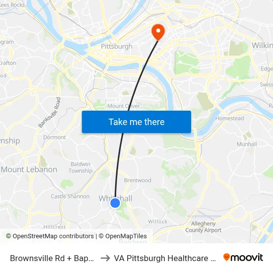 Brownsville Rd + Baptist FS to VA Pittsburgh Healthcare System map