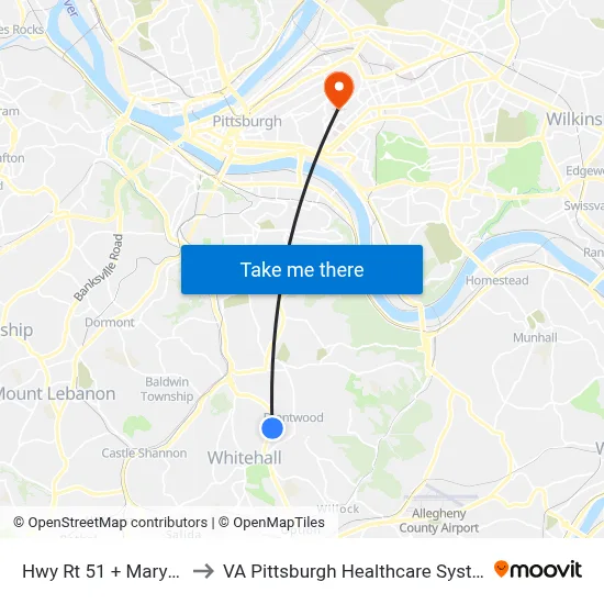 Hwy Rt 51 + Marylea to VA Pittsburgh Healthcare System map