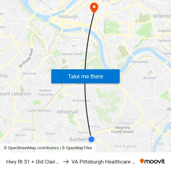 Hwy Rt 51 + Old Clairton FS to VA Pittsburgh Healthcare System map