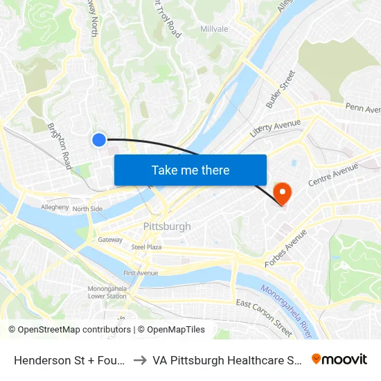 Henderson St + Fountain to VA Pittsburgh Healthcare System map
