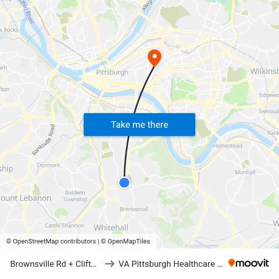 Brownsville Rd + Clifton Blvd to VA Pittsburgh Healthcare System map
