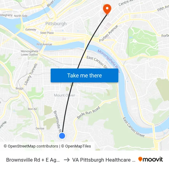 Brownsville Rd + E Agnew Rd to VA Pittsburgh Healthcare System map