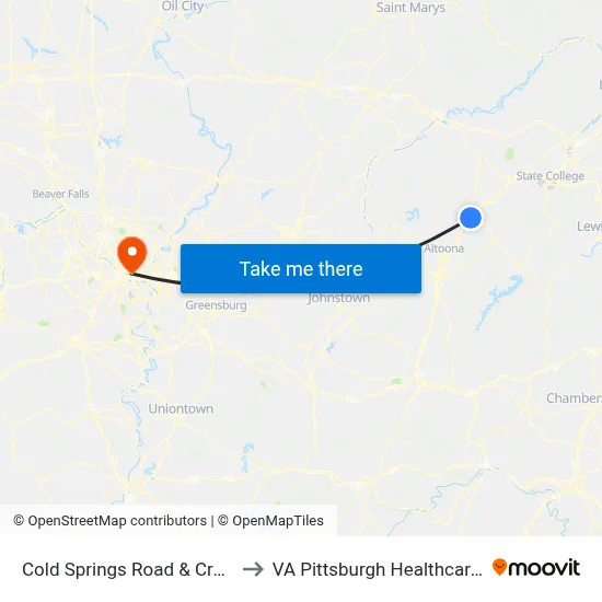 Cold Springs Road & Cranberry St to VA Pittsburgh Healthcare System map