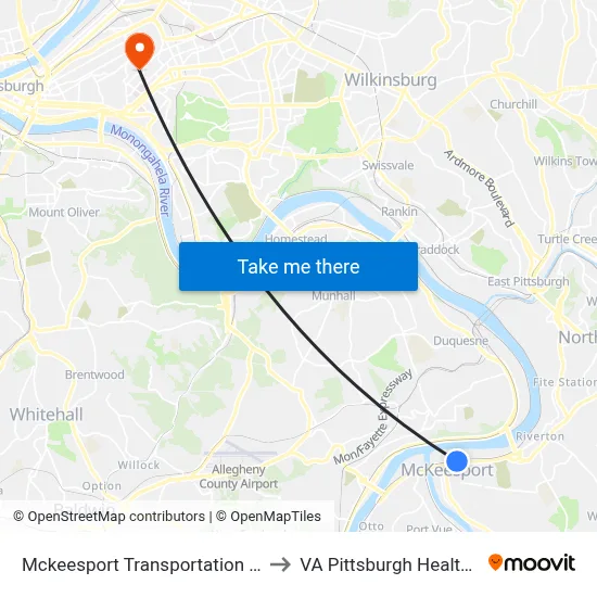 Mckeesport Transportation Center at Bay #2 to VA Pittsburgh Healthcare System map