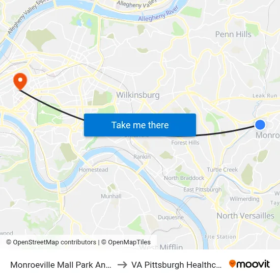 Monroeville Mall Park And Ride West to VA Pittsburgh Healthcare System map