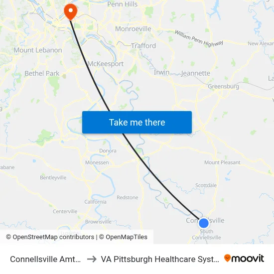 Connellsville Amtrak to VA Pittsburgh Healthcare System map