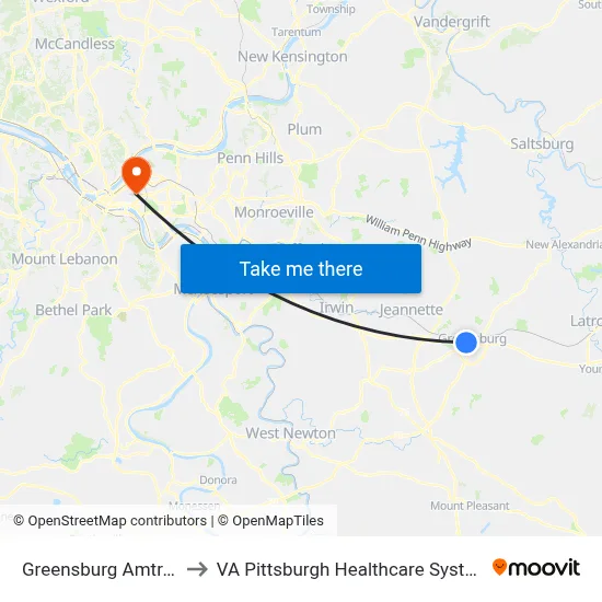 Greensburg Amtrak to VA Pittsburgh Healthcare System map