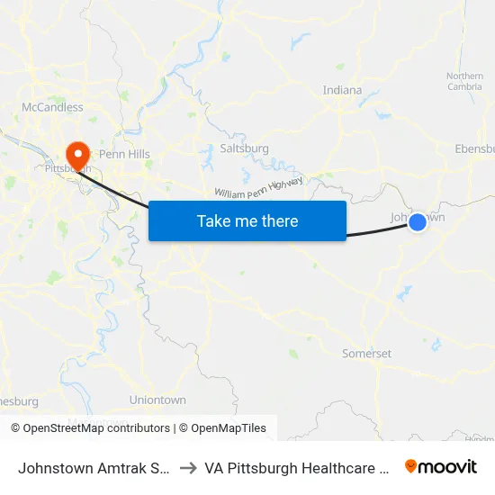 Johnstown Amtrak Station to VA Pittsburgh Healthcare System map