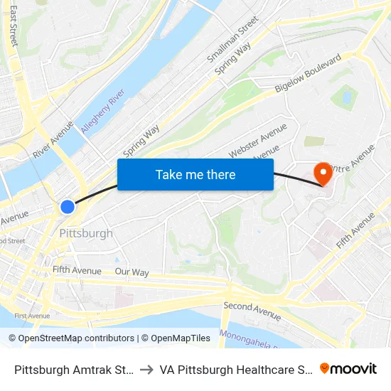 Pittsburgh Amtrak Station to VA Pittsburgh Healthcare System map