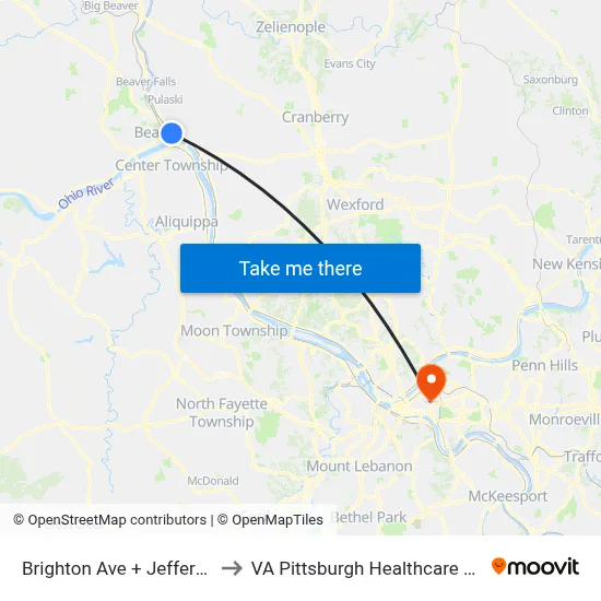 Brighton Ave + Jefferson St to VA Pittsburgh Healthcare System map