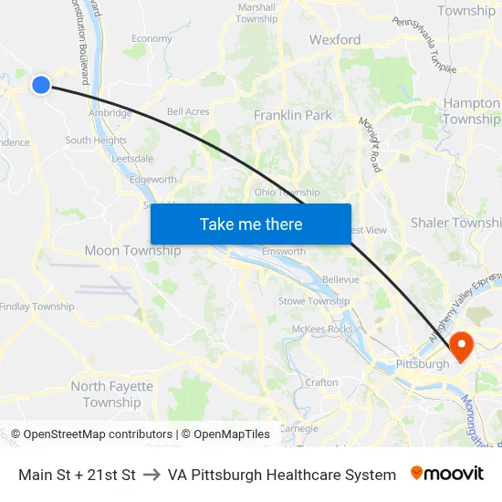 Main St + 21st St to VA Pittsburgh Healthcare System map