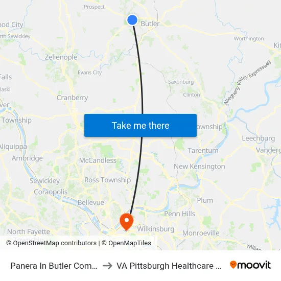 Panera In Butler Commons to VA Pittsburgh Healthcare System map