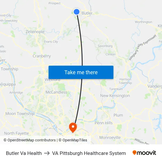 Butler Va Health to VA Pittsburgh Healthcare System map