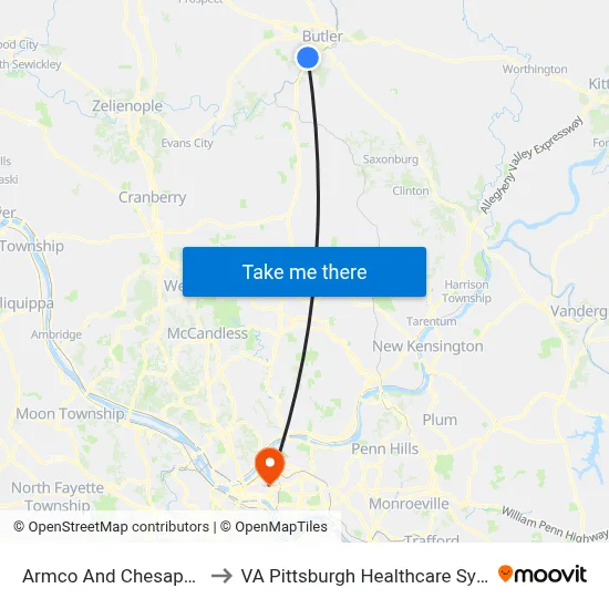 Armco And Chesapeake to VA Pittsburgh Healthcare System map
