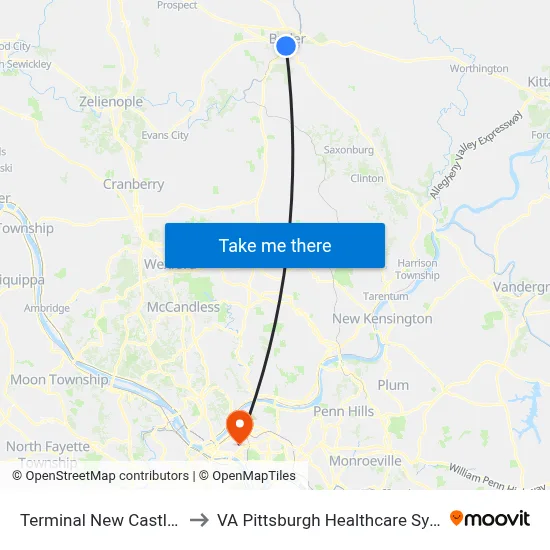 Terminal New Castle St. to VA Pittsburgh Healthcare System map