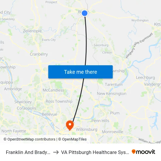 Franklin And Brady St. to VA Pittsburgh Healthcare System map