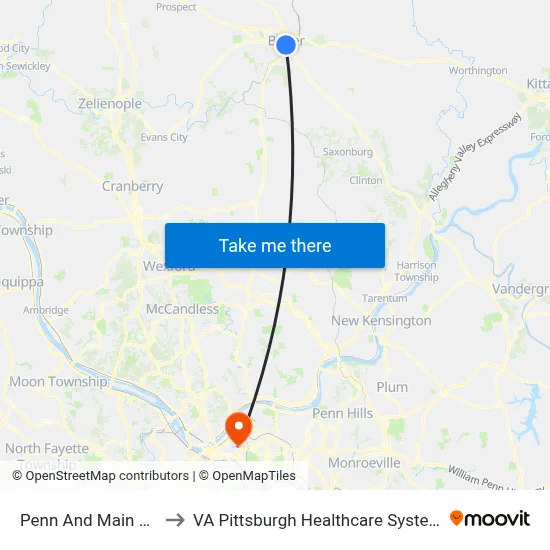 Penn And Main St. to VA Pittsburgh Healthcare System map