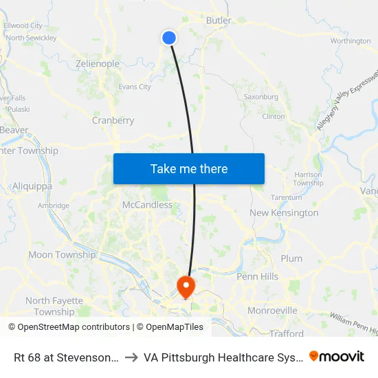 Rt 68 at Stevenson Rd to VA Pittsburgh Healthcare System map