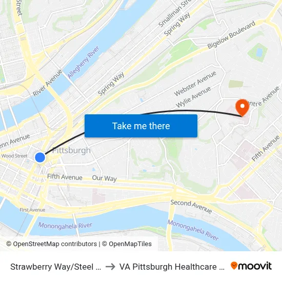 Strawberry Way/Steel Tower to VA Pittsburgh Healthcare System map