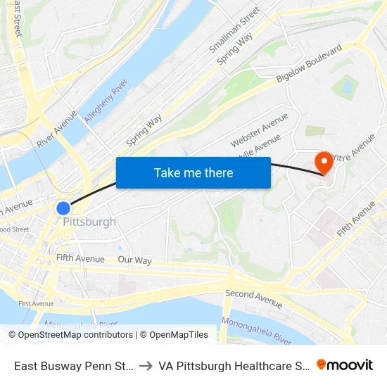 East Busway Penn Station to VA Pittsburgh Healthcare System map