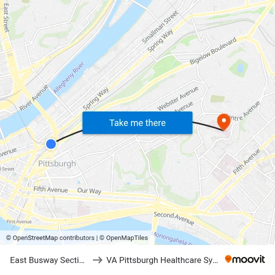 East Busway Section D to VA Pittsburgh Healthcare System map
