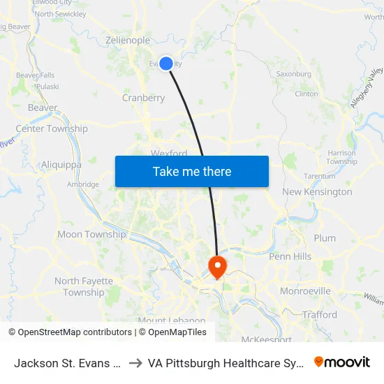 Jackson St. Evans City to VA Pittsburgh Healthcare System map