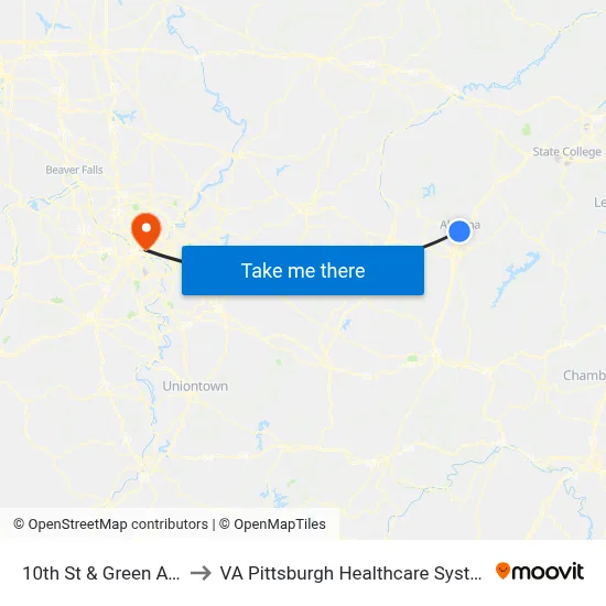 10th St & Green Ave to VA Pittsburgh Healthcare System map