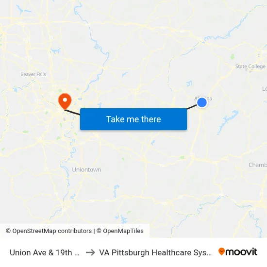 Union Ave & 19th St I to VA Pittsburgh Healthcare System map