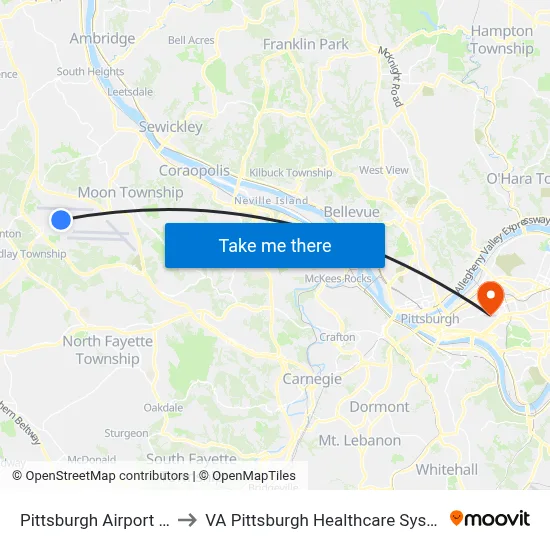 Pittsburgh Airport Pit to VA Pittsburgh Healthcare System map