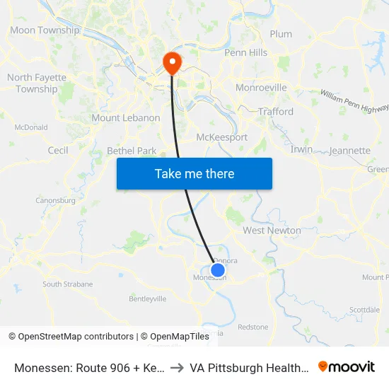 Monessen: Route 906 + Keystone Bakery to VA Pittsburgh Healthcare System map