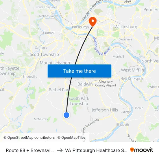 Route 88 + Brownsville Rd to VA Pittsburgh Healthcare System map