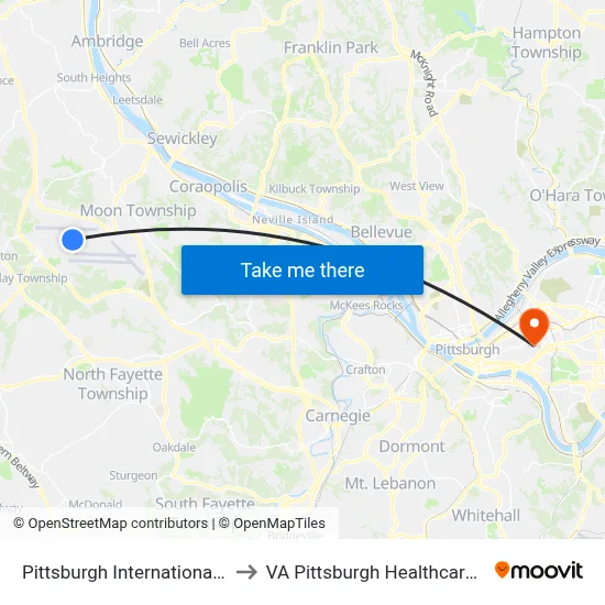 Pittsburgh International Airport to VA Pittsburgh Healthcare System map