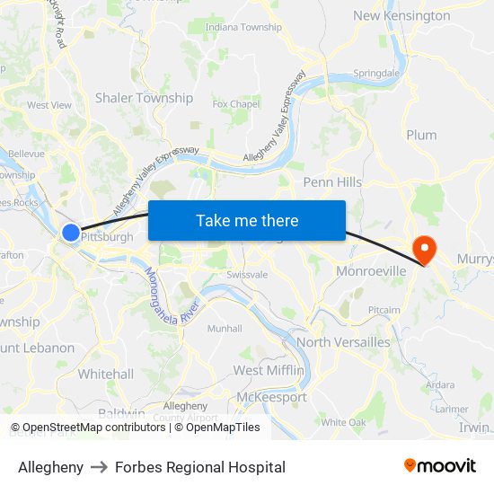 Allegheny to Forbes Regional Hospital map