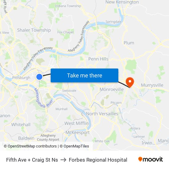 Fifth Ave + Craig St Ns to Forbes Regional Hospital map