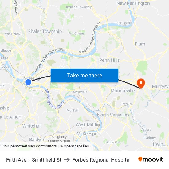 Fifth Ave + Smithfield St to Forbes Regional Hospital map