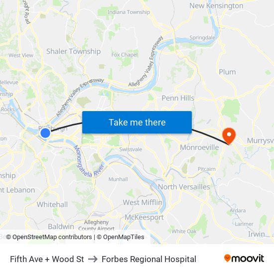 Fifth Ave + Wood St to Forbes Regional Hospital map