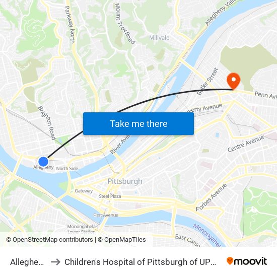 Allegheny to Children's Hospital of Pittsburgh of UPMC map