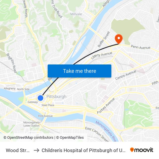 Wood Street to Children's Hospital of Pittsburgh of UPMC map